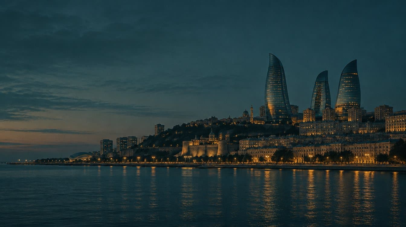 Baku at blue hour, with the Flame Towers above the Caspian seafront