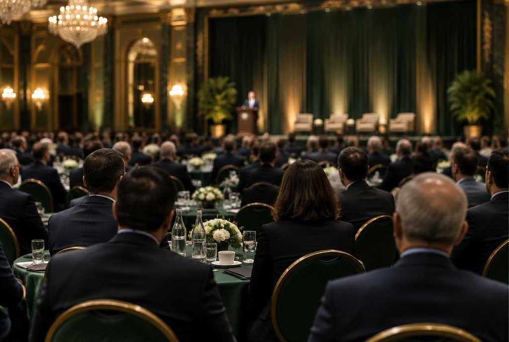 Delegates seated in a conference hall facing the stage