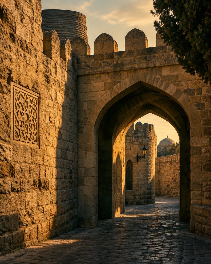 Stone gateway of Icherisheher, the Old City of Baku, at golden hour