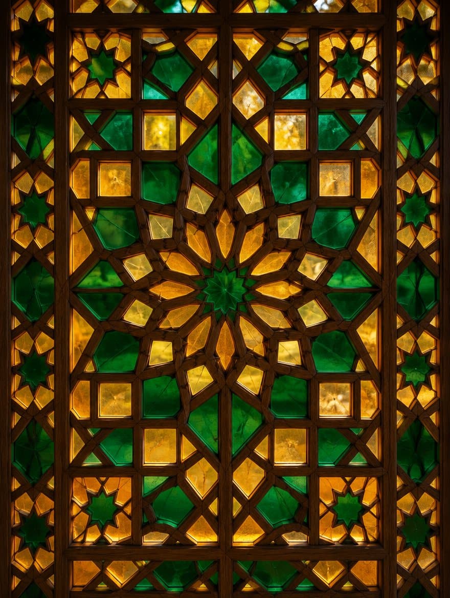 Stained-glass shebeke lattice in green and amber